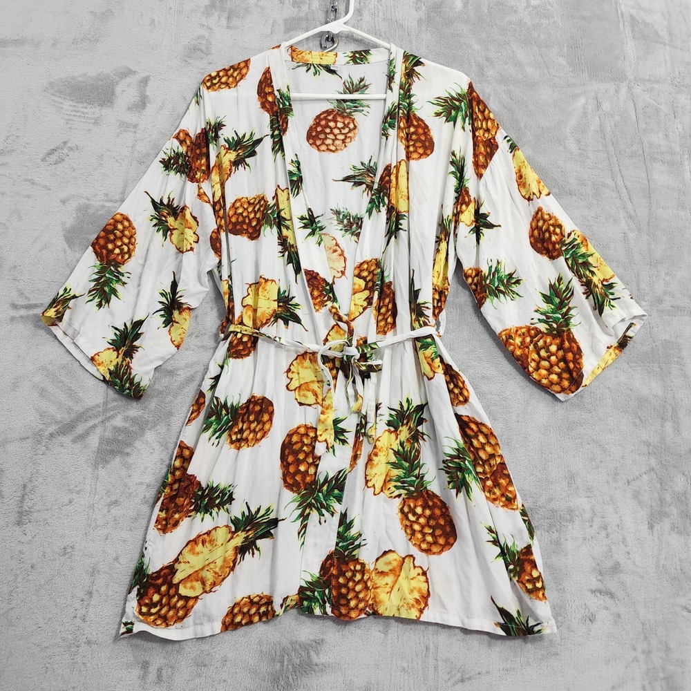 Swim Cover Robe Womens One Size‎ White Pineapple Print Belted Kimono Tropical